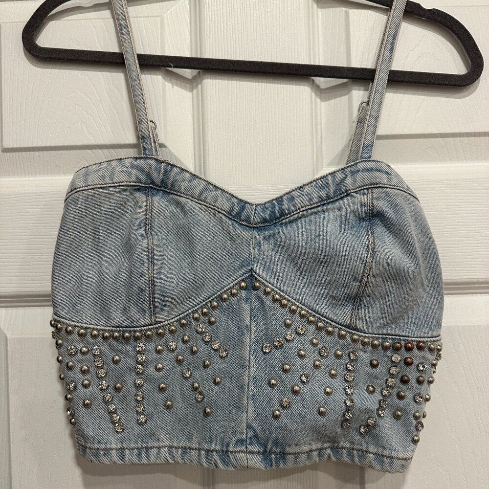 Blank NYC Women's Light Wash Starstruck Embellished Denim Crop Top